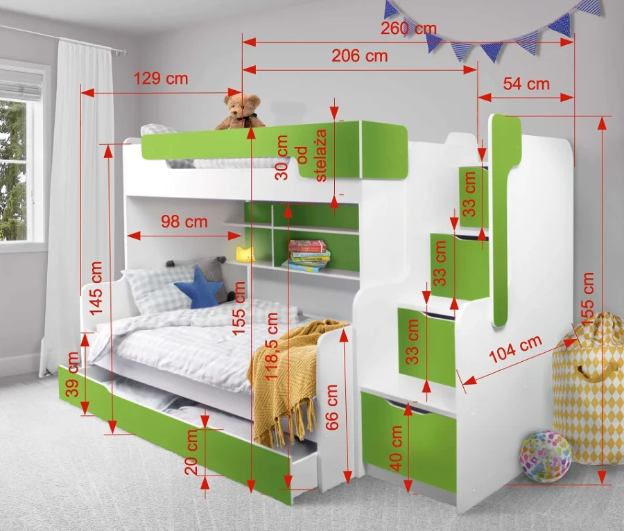 Maßskizze eines modernen Kinderhochbetts in Weiß und Grün mit viel Stauraum.