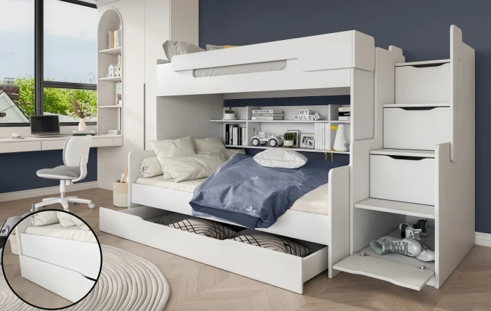 Etagenbett Funktionsbett für 2 Kinder HANNA mit Treppe Weiß