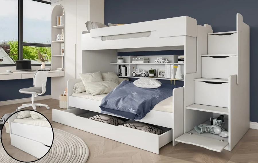 Weißes Multifunktions-Hochbett mit Treppe, Regal und Gästebett im Kinderzimmer.