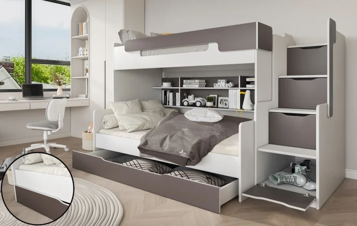 Etagenbett Funktionsbett für 2 Kinder HANNA mit Treppe Weiß + Graphit