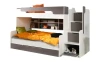 Platzsparendes Funktionsbett für Kinder in Weiß-Grau mit Treppenregal und zusätzlichem Gästebett.