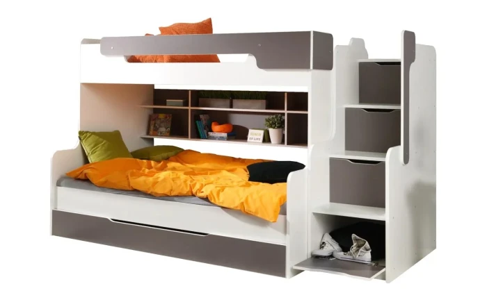 Etagenbett Funktionsbett für 2 Kinder HANNA mit Treppe Weiß + Graphit