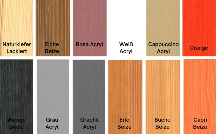 Farbauswahl für Holzbetten: Verschiedene Lacke und Beizen von Naturkiefer bis Graphit Acryl.
