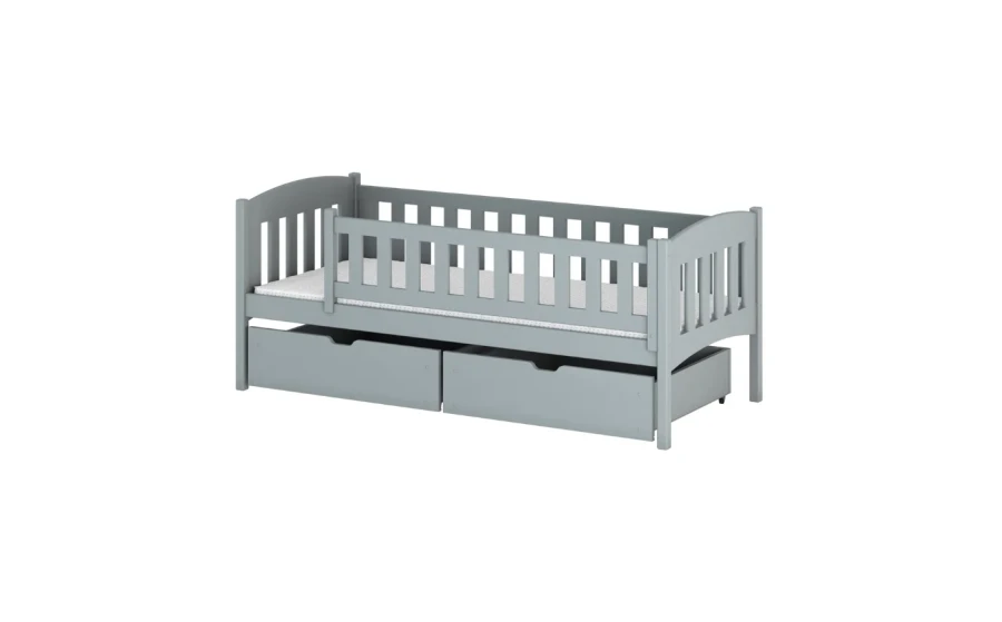 Graues Einzelbett für Kinder mit stabilen Gittern und ausziehbaren Unterbett-Schubladen.