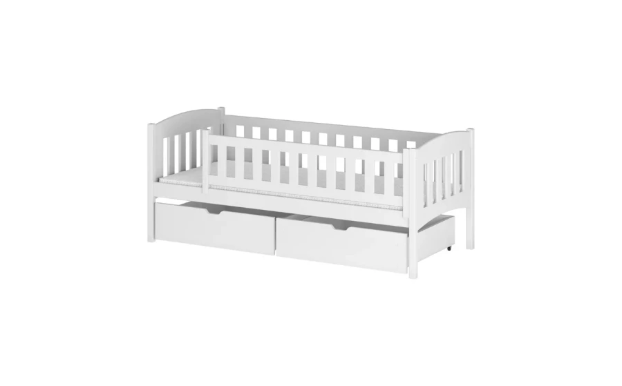 Modernes weißes Kinderbett aus Massivholz mit Rausfallschutz und zwei ausziehbaren Schubladen.