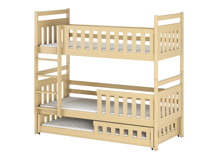 Etagenbett aus hellem Holz mit drei Schlafplätzen und Leiter.