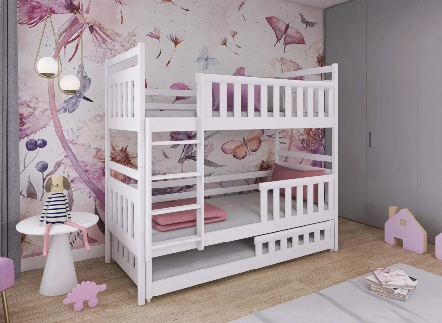 Weißes Etagenbett für Kinder im modern gestalteten Kinderzimmer.
