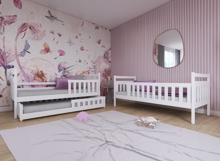 Zwei weiße Kinderbetten in einem hellen Zimmer mit rosa Akzenten.