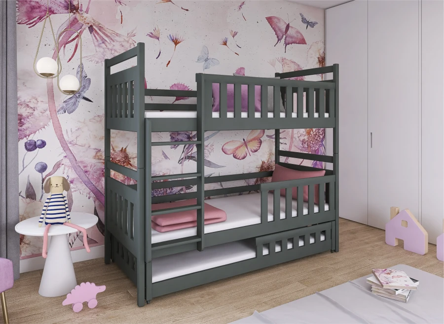Graphitgraues Etagenbett mit Ausziehbett im Kinderzimmer mit Blumen-Tapete.