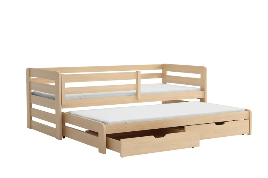 Kiefernholz Kinderbett mit Ausziehfunktion und Schubladen, Massivholzbett in Natur.