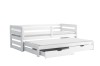Weißes Funktionsbett aus Holz mit zweiter Liegefläche zum Ausziehen und zwei Schubladen.