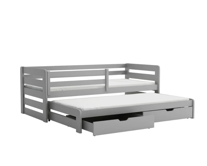 Grey children's bed with pull-out lying surface and practical bed boxes for storage space.