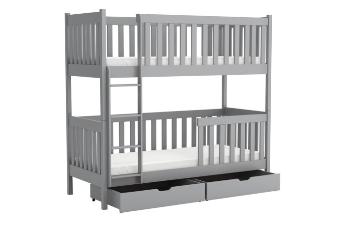Modern grijs stapelbed van massief hout met ladder and twee laden onderaan.