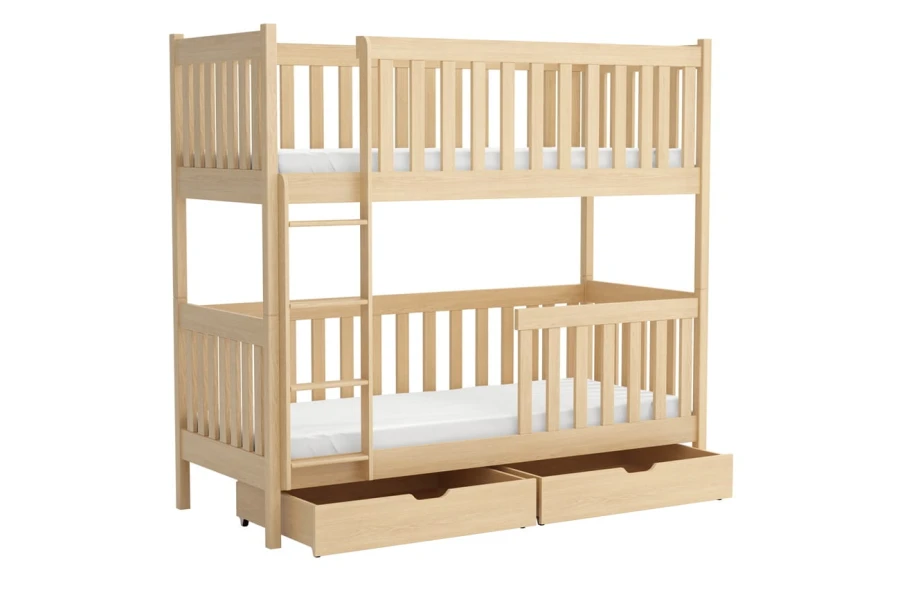 Stockbett aus hellem Naturholz mit Leiter und zwei praktischen Bettschubladen.