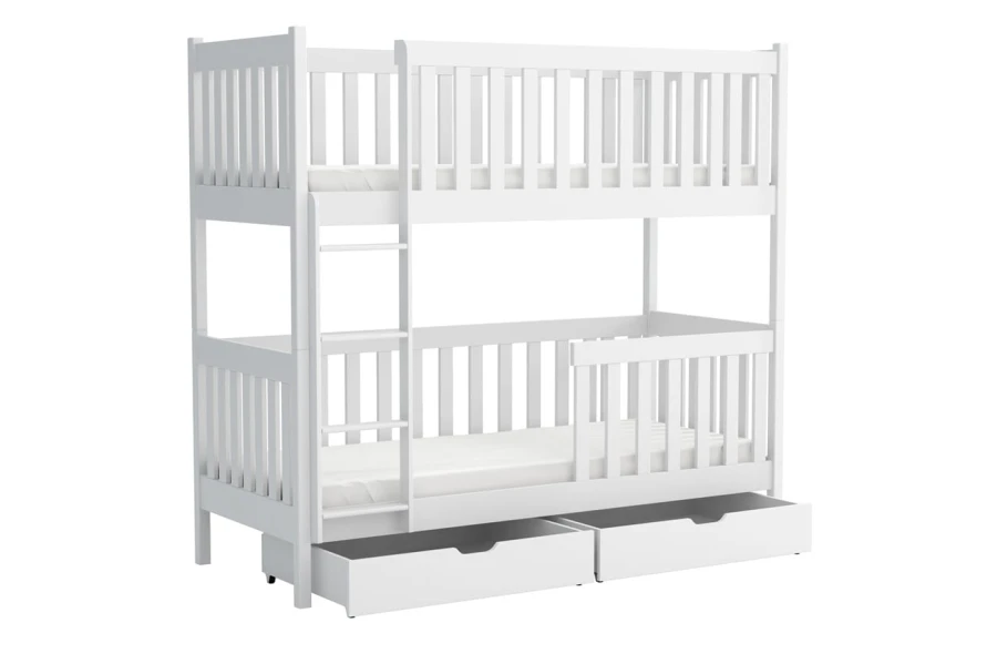 Klassisches weißes Stockbett mit integriertem Rausfallschutz und zwei Schubladen.