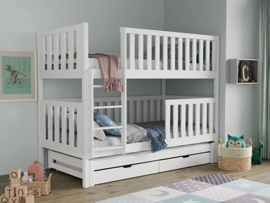 Modernes Kinder-Etagenbett in Weiß mit Leiter und Sicherheitsgitter.