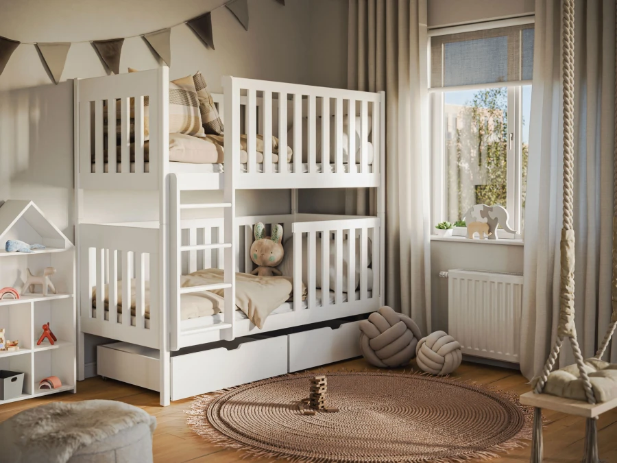 Platzsparendes weißes Kinder-Stockbett mit Auszugschubladen in skandinavischem Design.