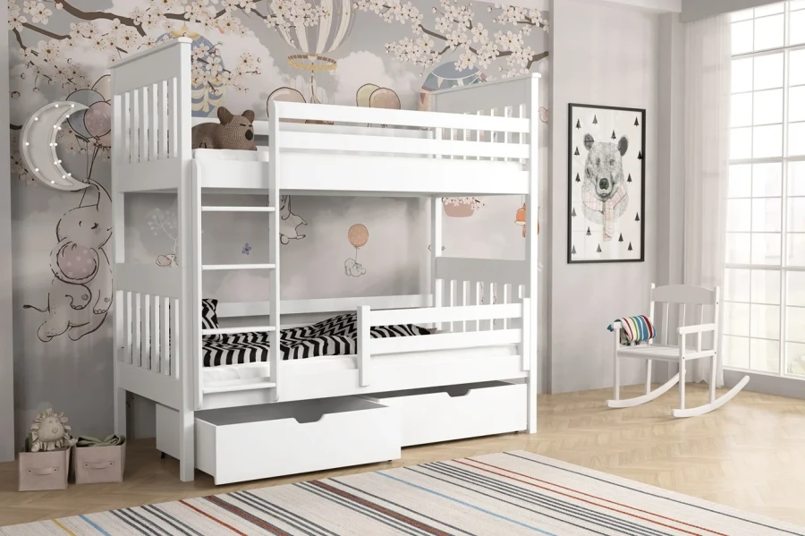 Stilvolles Kinderzimmer mit weißem Etagenbett und verspielter Wandgestaltung.