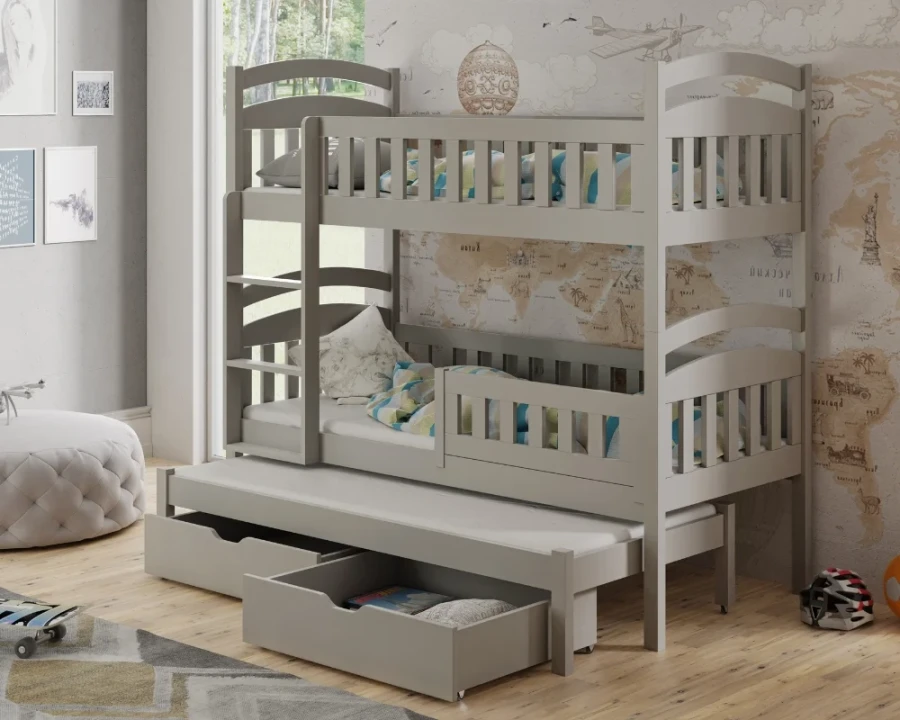 Grey wooden bunk bed with pull-out bed and drawers for the children's room.
