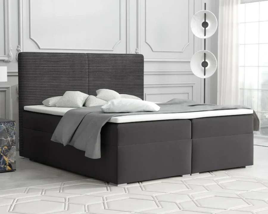 Anthrazitfarbenes Boxspringbett im modernen Schlafzimmer mit Dekoration