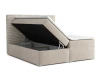 Beiges Boxspringbett mit aufklappbarem Bettkasten für funktionalen Stauraum.