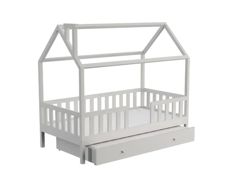 Weißes Hausbett für Kinder mit ausziehbarer Bettschublade und Rausfallschutz