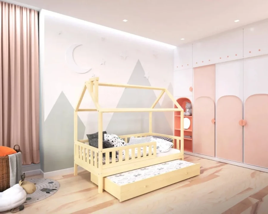 Modernes Kinderzimmer mit Hausbett aus Naturholz und ausziehbarem Gästebett