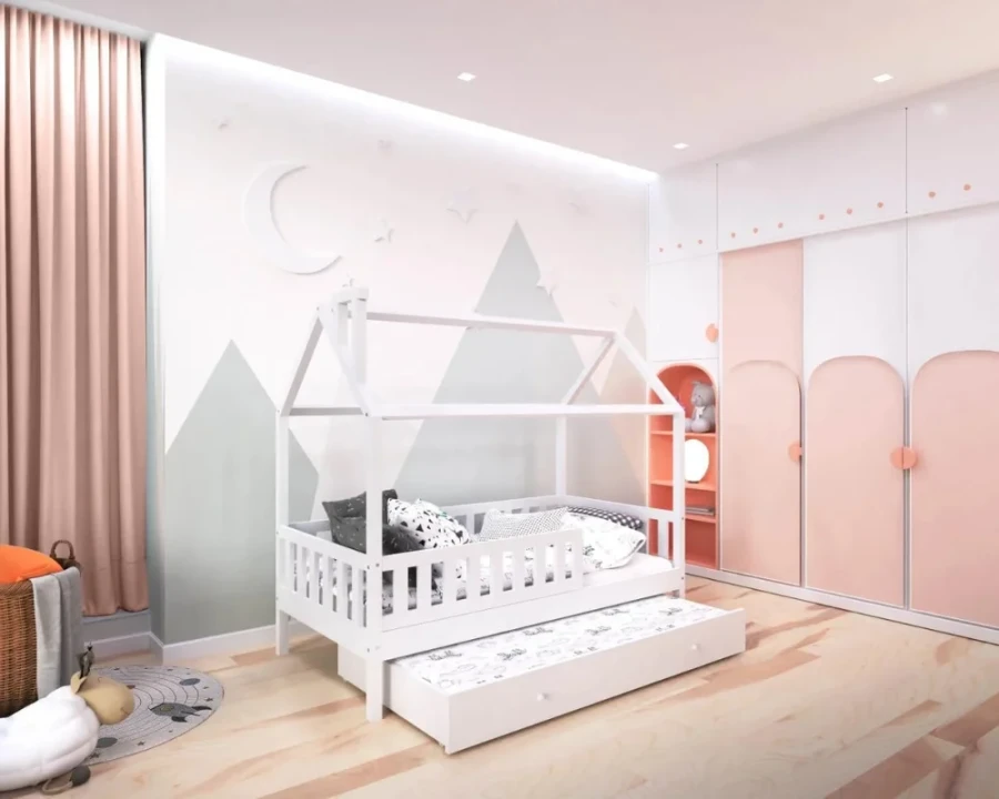 Weißes Hausbett für Kinder mit ausziehbarer Schublade in hellem Kinderzimmer