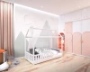 Stijlvol kinderhuisbed in het wit in een ruime kinderkamer met muurschilderingen.