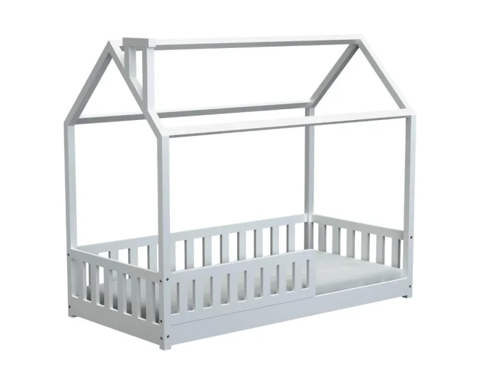 Minimalist white house bed for toddlers with safe fall protection on a white background.