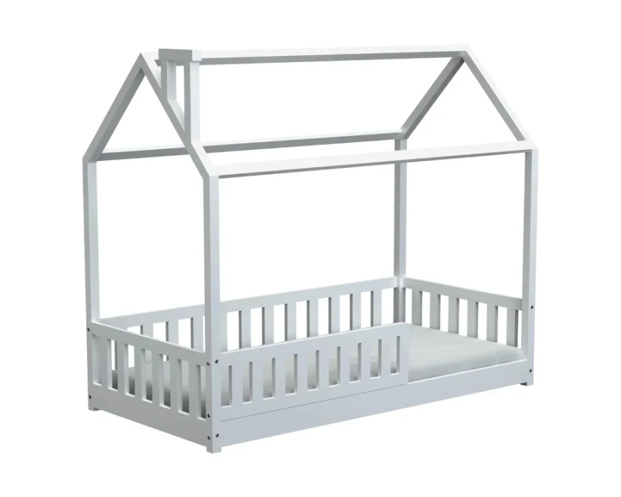 Minimalist white house bed for toddlers with safe fall protection on a white background.
