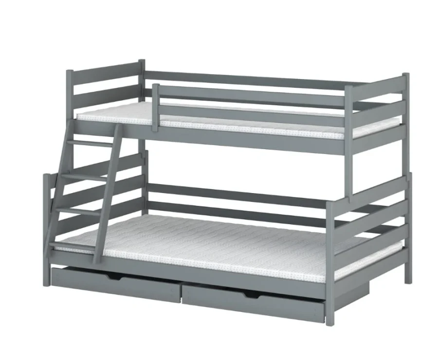 Modernes graues Dreierstockbett mit Bettkasten und integrierter Leiter.