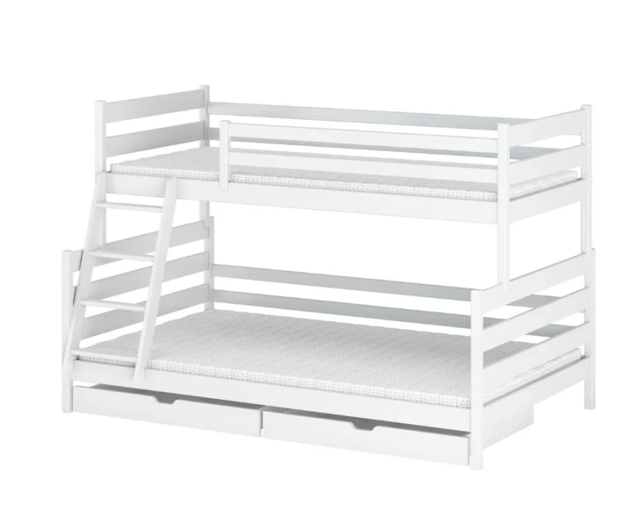Weißes Etagenbett aus Massivholz mit praktischen Schubladen und Leiter.