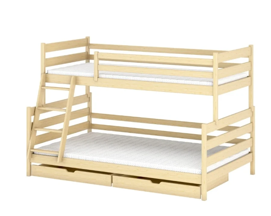 Etagenbett aus Naturholz mit zwei geräumigen Schubkästen und Rausfallschutz.