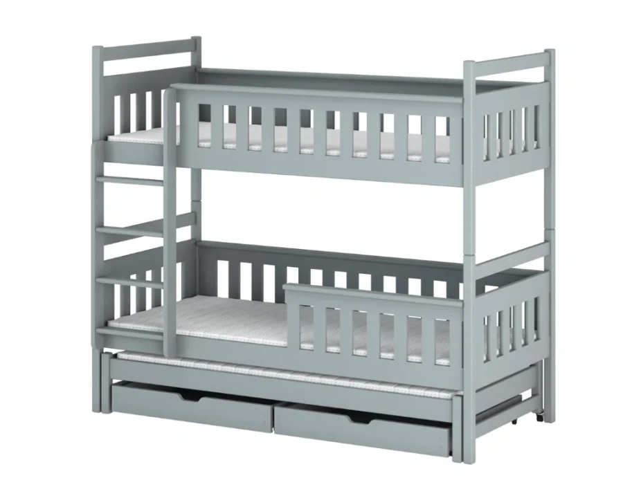Graues Etagenbett aus Massivholz mit drittem Ausziehbett und zwei Bettschubladen.