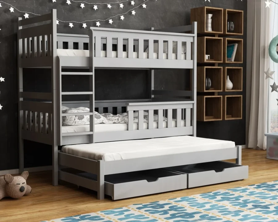 Modernes graues Etagenbett mit ausgezogenem Gästebett in einem stilvollen Kinderzimmer.