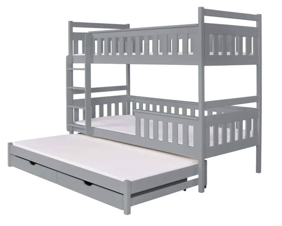 Graues Etagenbett mit drittem Ausziehbett und Leiter, platzsparendes Kinderbett aus Holz.