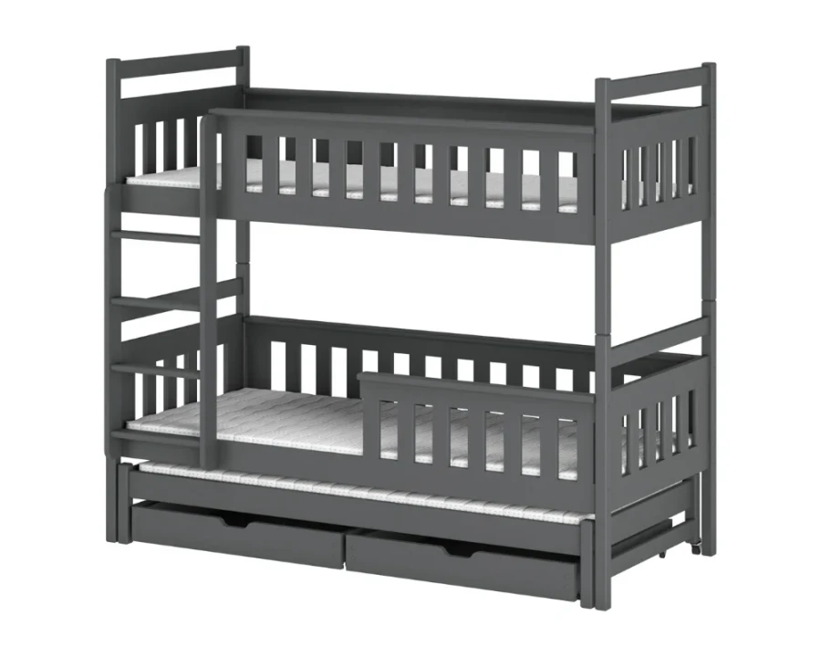 Dunkelgraues Stockbett mit integrierten Schubladen und Rausfallschutz für maximale Sicherheit.