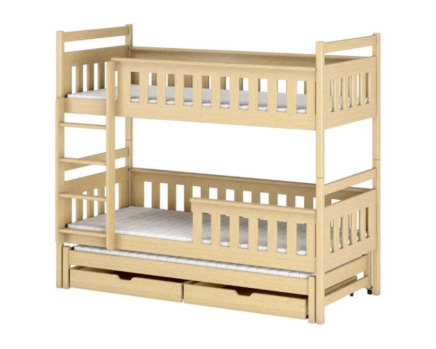 Naturfarbenes Etagenbett aus Massivholz mit Leiter und praktischen Rollschubladen.