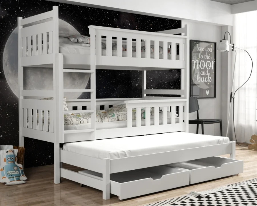 Weißes Etagenbett mit Ausziehbett und Schubladen in einem Kinderzimmer mit Weltraum-Motiv