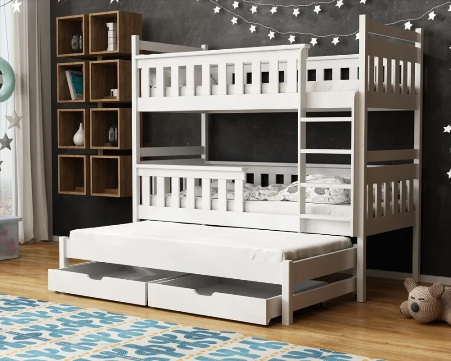 Stabiles weißes Stockbett für Kinder mit drittem Schlafplatz und praktischen Schubladen