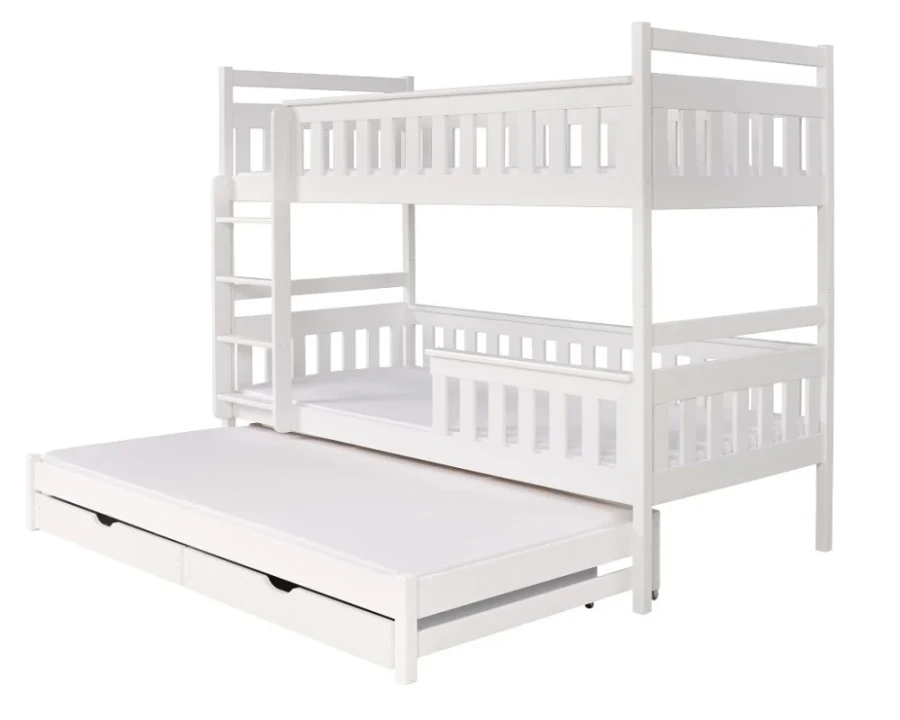 Weißes Massivholz-Stockbett mit drittem Ausziehbett und Bettkasten auf weißem Hintergrund.