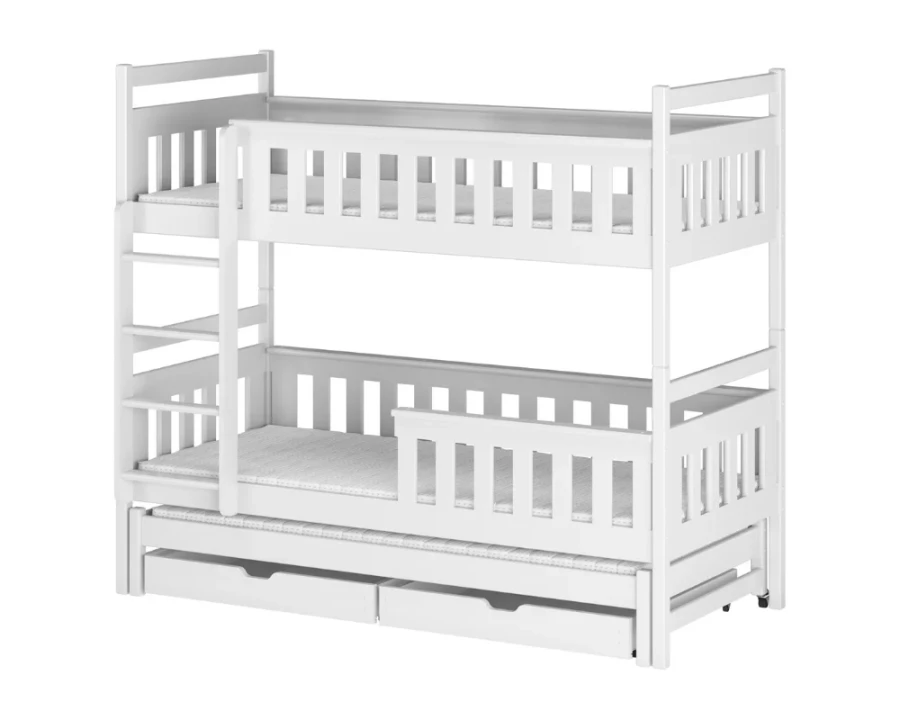 Weißes Trio-Etagenbett mit drei Schlafplätzen, Leiter und Rausfallschutz.