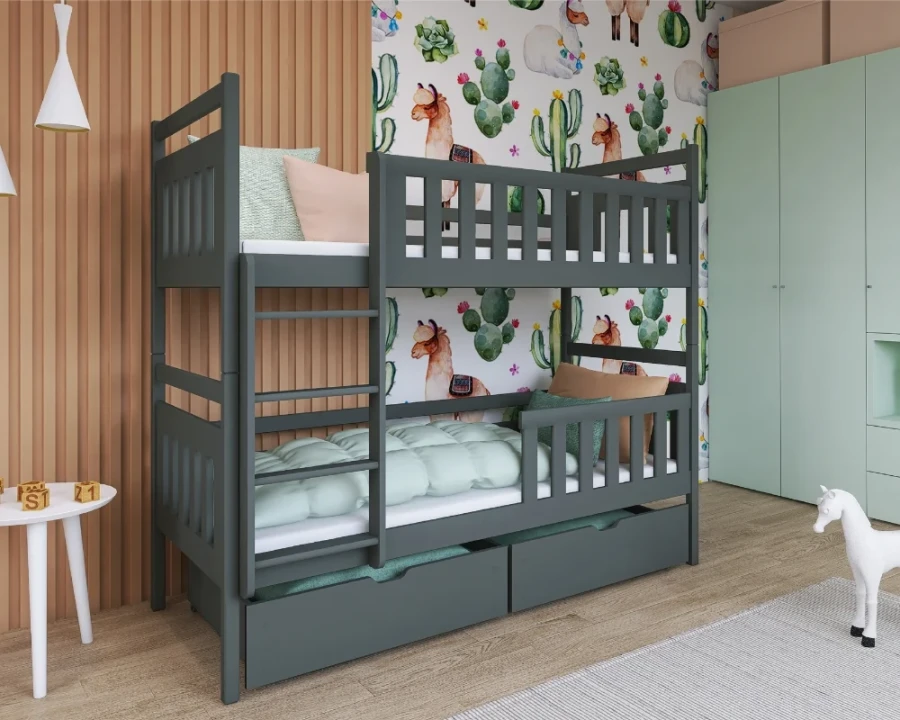 Modernes Etagenbett in Anthrazit in einem stilvoll dekorierten Kinderzimmer.