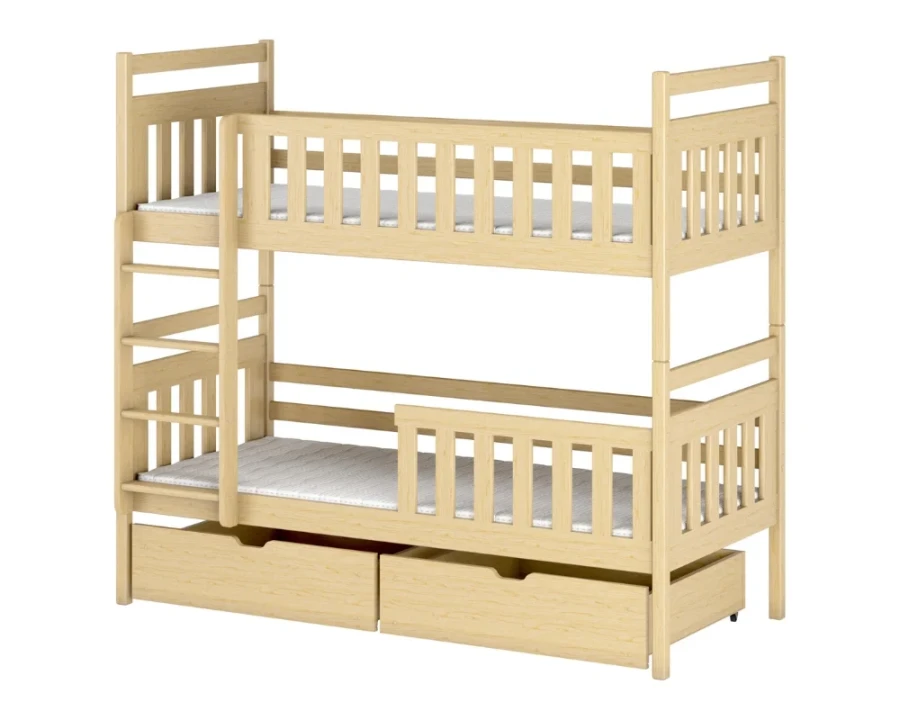 Stapelbed van natuurlijk grenenhout met twee laden and ladder voor de kinderkamer.