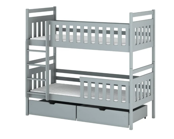 Modern stapelbed in asgrijs van massief hout met twee praktische laden.