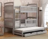 Graues Etagenbett mit Ausziehbett und Schubladen in einem Kinderzimmer.