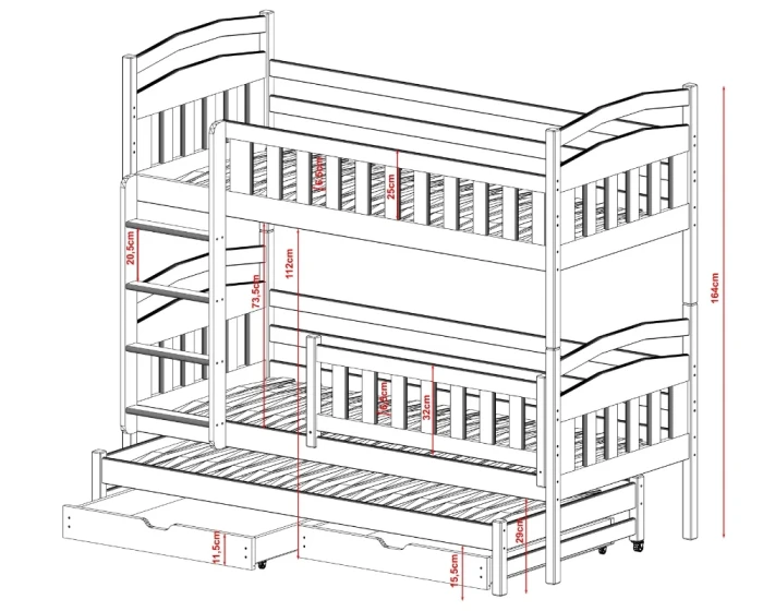 Dimensions and technical details of the bunk bed in a clear construction drawing.