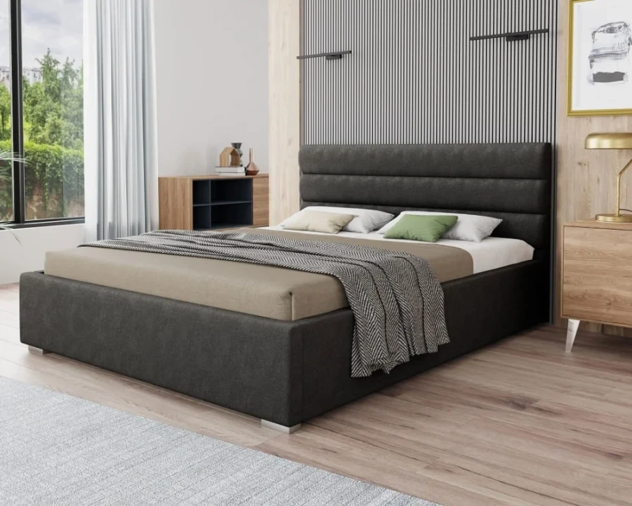 Elegantes Polsterbett in Anthrazit für ein modernes Schlafzimmer.