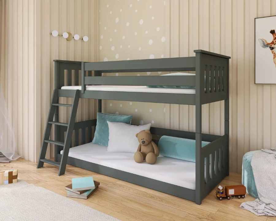 Graues Kinder-Etagenbett in einem hellen Kinderzimmer mit Dekoration.